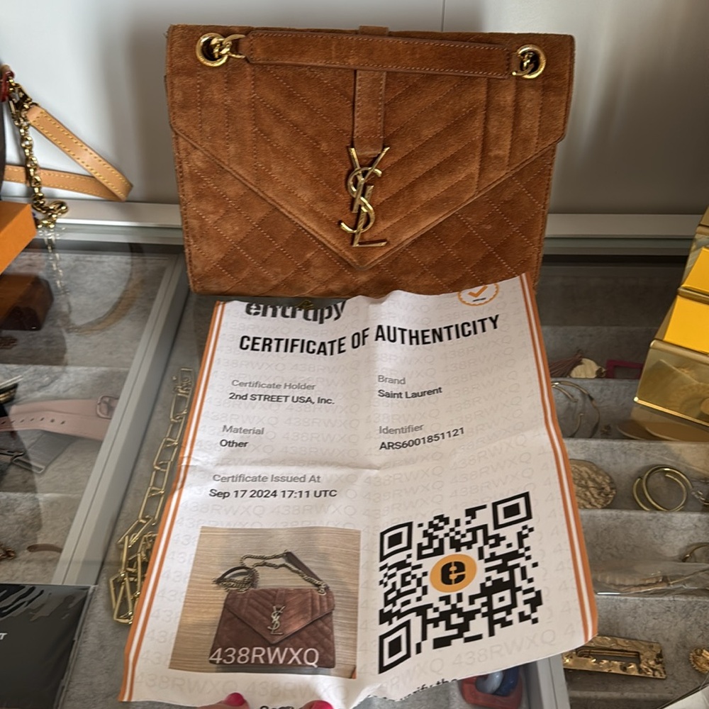 YSL Yves Saint Laurent Brown Suede Quilted Medium Envelope Handbag - Picture 12 of 16